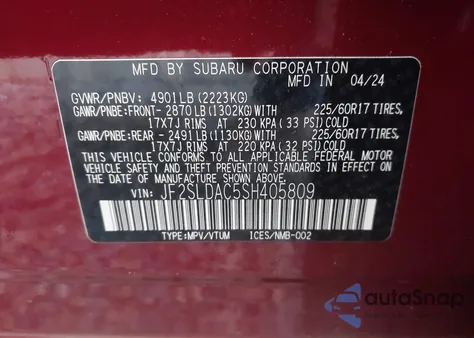 2025 Subaru Forester z USA, uszkodzony, nr VIN JF2SLDAC5SH405809